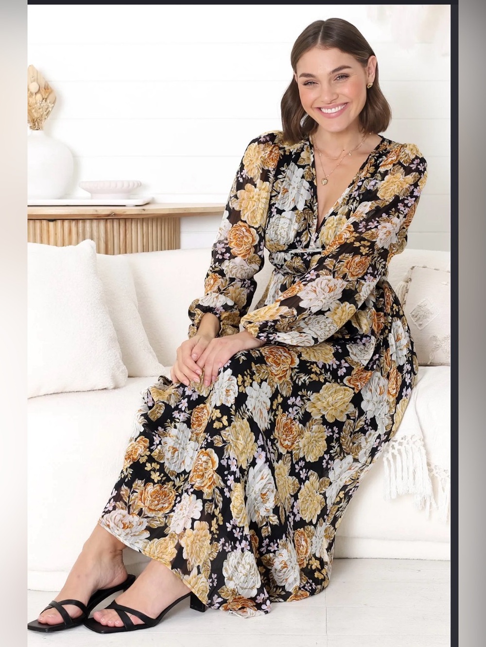 Black Floral Wrap Maxi Dress with Gold and Cream Blooms